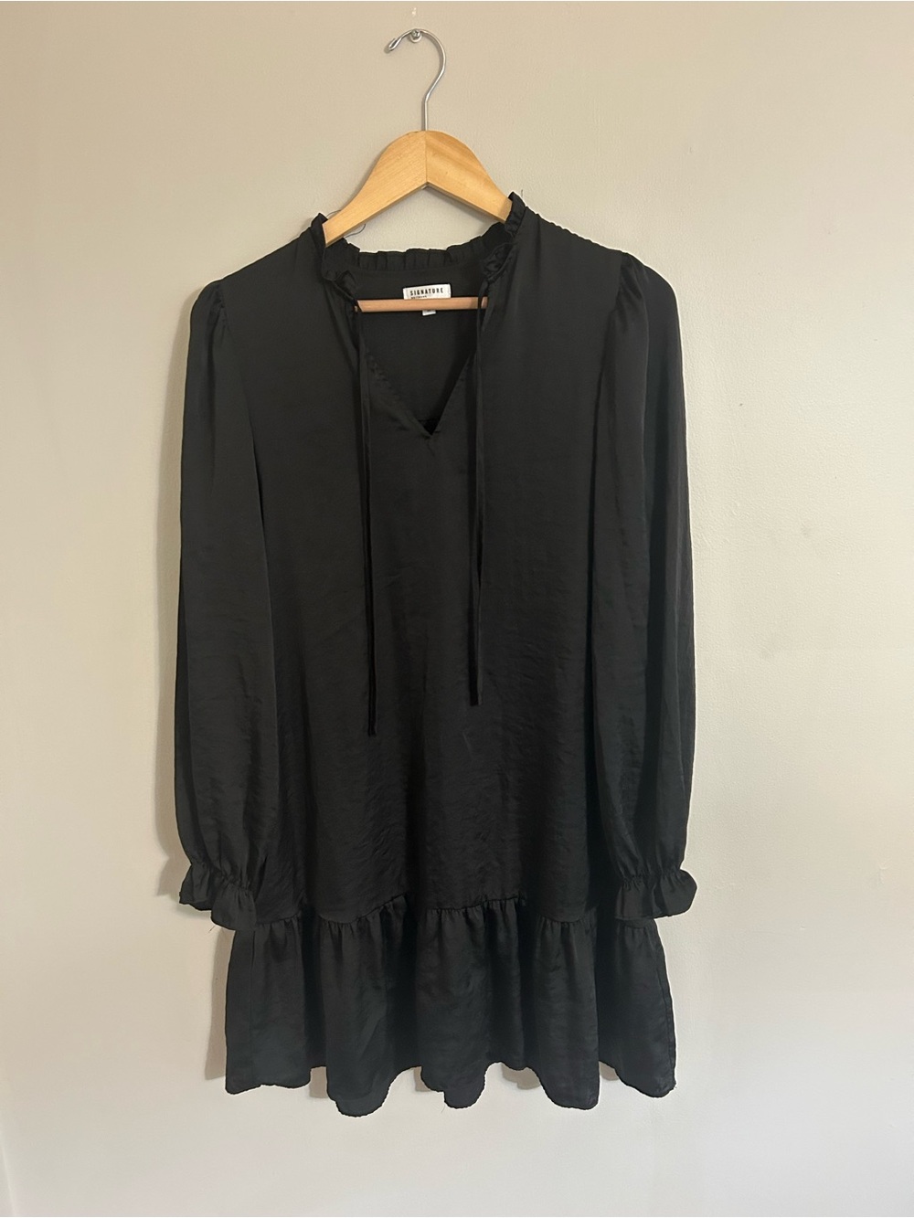Signature Black Ruffle-Hem Mini Dress with Tie Neck
